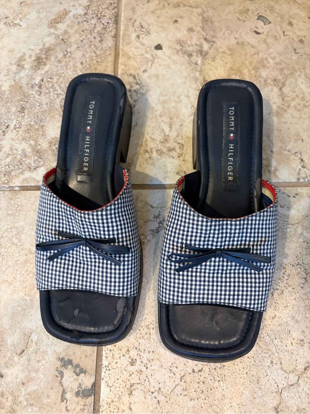 🎾Tommy Hilfiger Navy and White Gingham Slide Mules